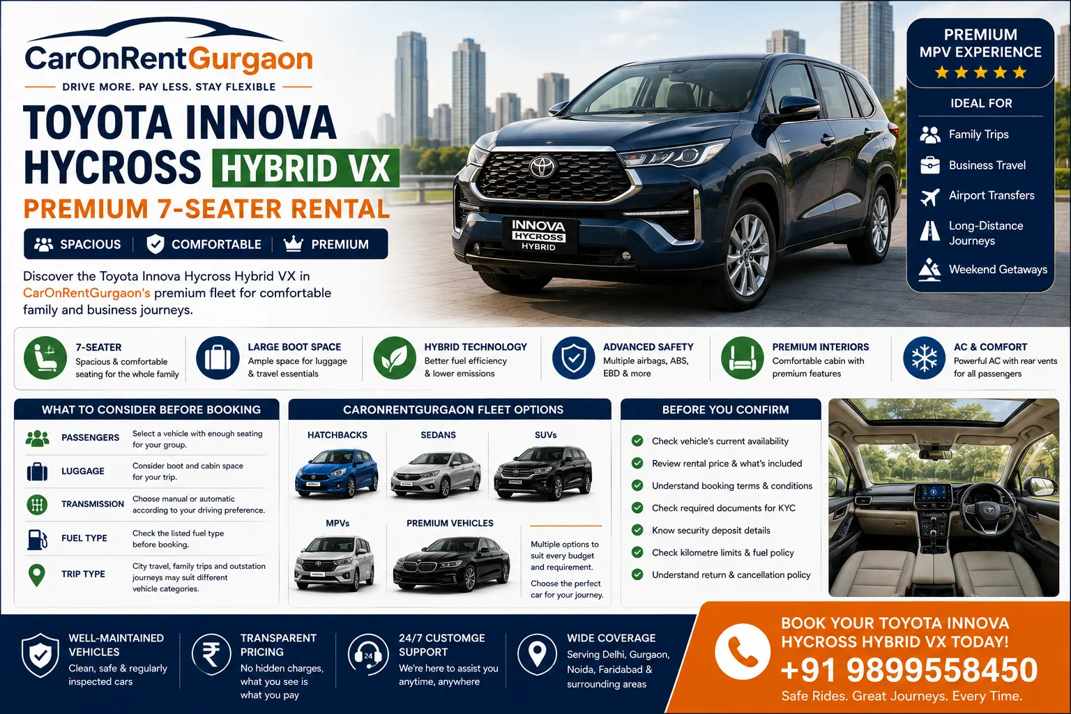 Toyota Innova Hycross Hybrid VX: Premium 7-Seater Rental | CarOnRentGurgaon